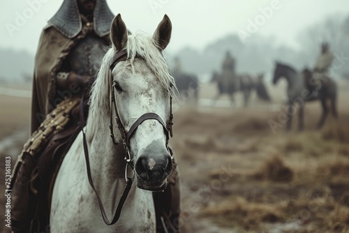 Horse in a medieval knight costume, standing proud, ancient battlefield blur background.