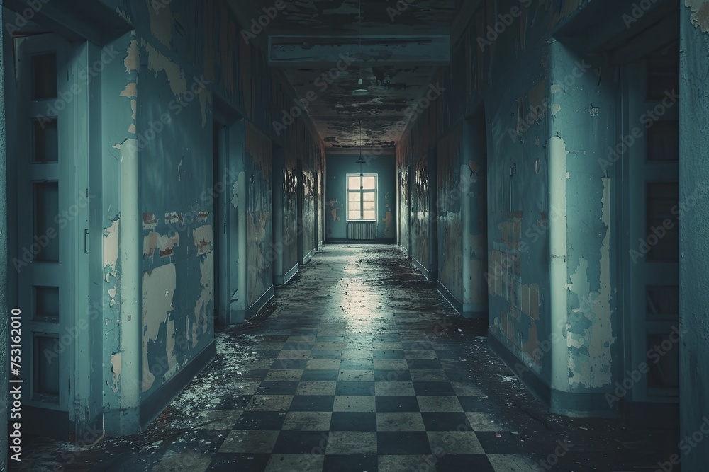 Light flickering in an abandoned asylum, minimal style, blurred dark tone, exploring lost minds.
