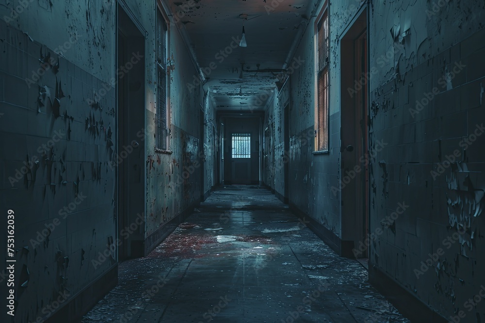 Flickering light in empty asylum, minimal style, blurred dark tone, lost minds explored.