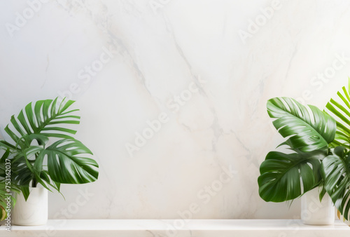Empty marble table top with monstera flowers on a light texture background. Concept for presentation of promotional products, sale or demonstration of cosmetics. Generated AI.