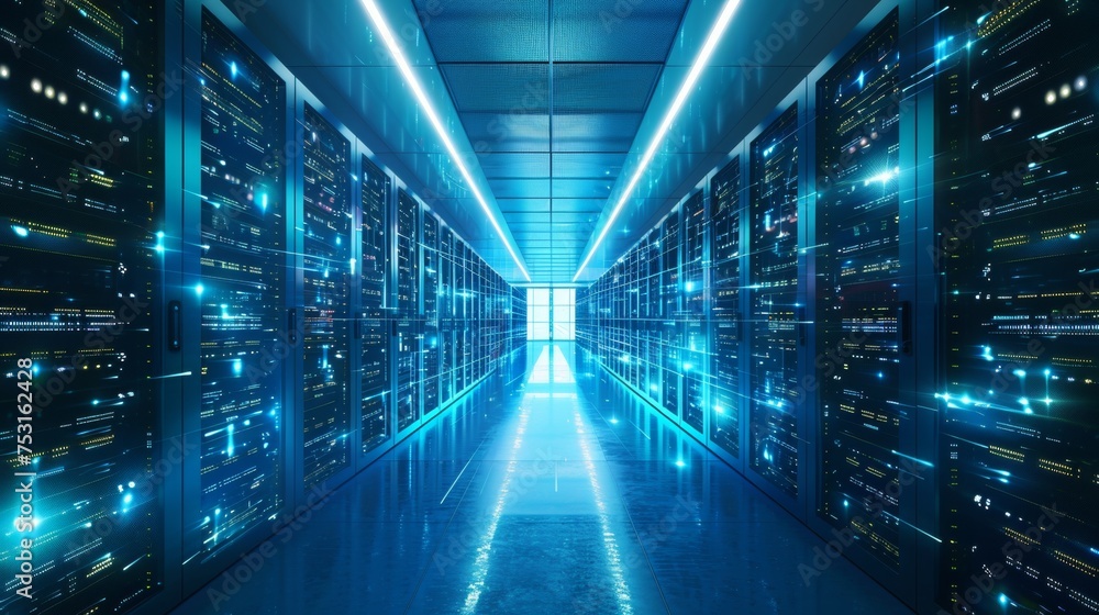 A futuristic data center brimming with servers dedicated to cloud computing A futuristic data center brimming with servers dedicated to cloud computing