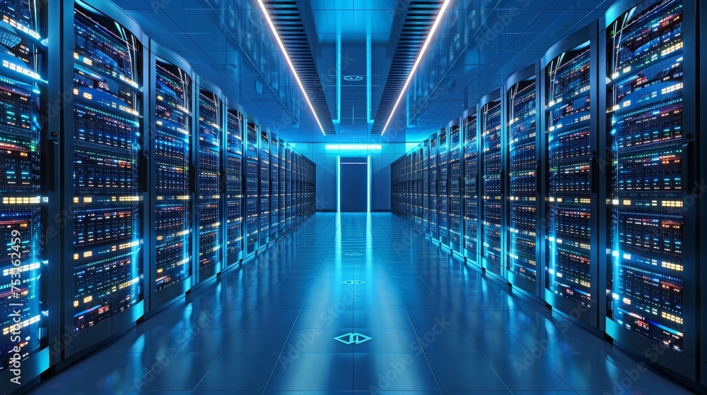 A futuristic data center filled with servers powering cloud computing A futuristic data center filled with servers powering cloud computing
