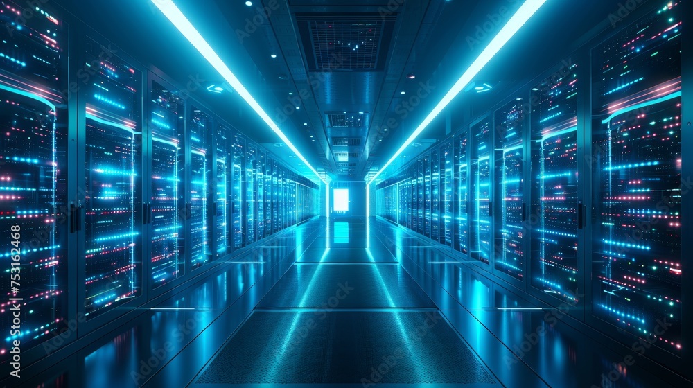 A futuristic data center filled with servers powering cloud computing