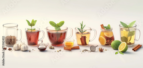Herbal teas and spices, isolated on a white background. Realistic style, 4K resolution