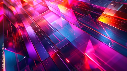 A futuristic geometric background with metallic shapes and holographic overlays