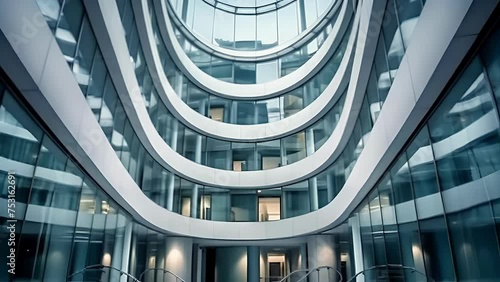 A modern architectural building with round glass facades and an atrium creating the illusion of an endless loop.
Concept: modern architecture, design of corporate spaces, or as a symbol of innovation 