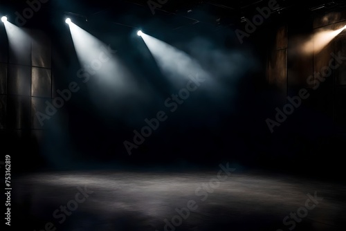light in the dark  Step into the dramatic ambiance of a podium set against a black  smoky background  with abstract stage texture and fog spotlight