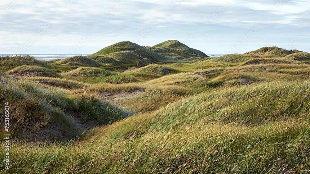 Fototapeta premium Grass covered dunes. Ai generative.