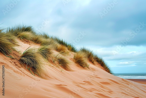 Grass covered dunes. Ai generative.