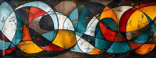 Abstract urban mural with sinuous black lines intertwining through colorful, curved shapes, evoking a sense of fluidity on a textured backdrop.