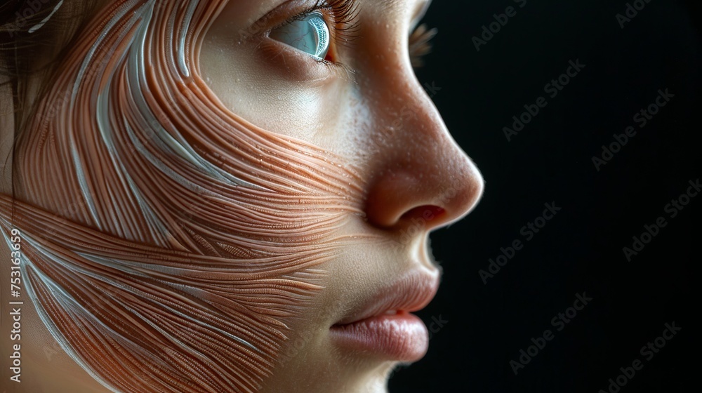 Woman's face in close-up, side view. Human skeleton, epidermis, and muscles Woman's face in close-up, side view. Human skeleton, epidermis, and muscles