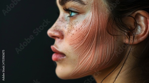 Woman s face in close-up  side view. Human skeleton  epidermis  and muscles