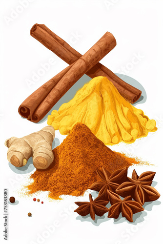 A collection of spices, turmeric, cinnamon, and ginger, isolated on a white background, realistic, 4K