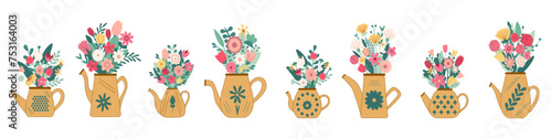 Set of different beautiful bouquets with garden and wild flowers  teapot vector flat illustration. Plants with stems and leaves isolated on white. 