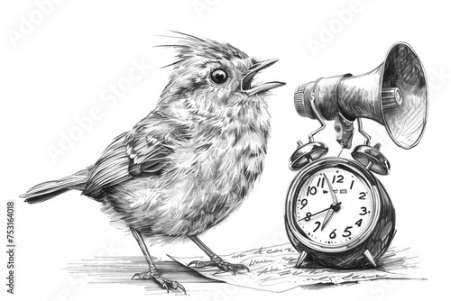 black and white sketch of bird with alarm clock and megaphone --ar 3:2 --style raw --stylize 250 --v 6 Job ID: 4883ddc4-b78b-4702-b41d-25ca156214cc