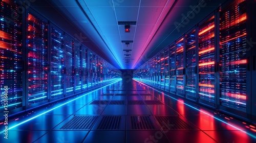 A high-tech data center buzzing with the power of cloud computing