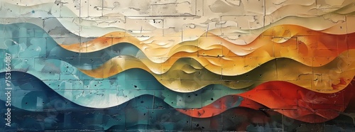 Abstract painted mural resembling undulating waves in warm and cool tones on a weathered wall, conveying a sense of rhythmic motion.