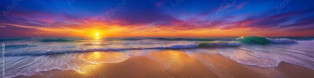 Abstract illustration of a wave against a bright sea sunset, background for social media banner design, website, space for text