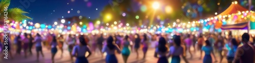 Abstract colorful illustration of people dancing at a street festival, bokeh, blurred background for social media banner, website and for your design, space for text 