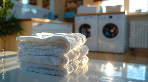 Photo of stack of towels on the foreground. There is washer and dryer on the back. Cozy photo of laundry room