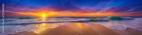 Abstract illustration of a wave against a bright sea sunset, background for social media banner design, website, space for text