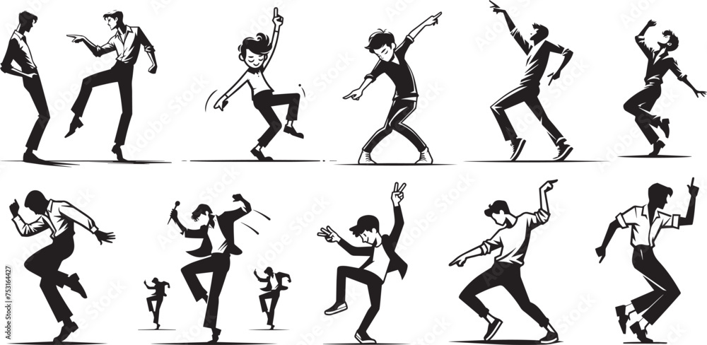 boy dancing bending rhythmically to music, funny cartoon simple character, black vector graphic