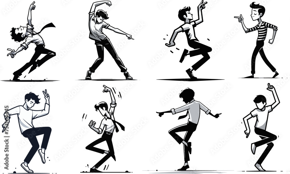 funny cartoon character dancing disco in various poses, black vector graphic