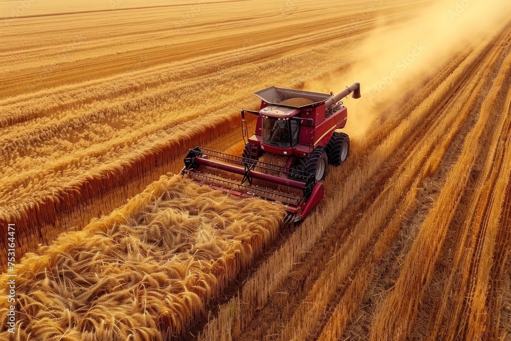 Combine harvester harvests golden wheat. Agriculture concept - obrazy, fototapety, plakaty 