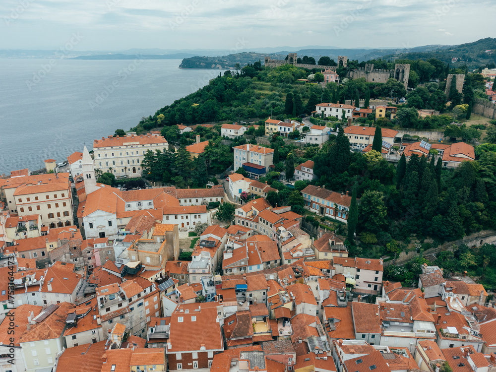 Piran Old Town Aerial View, Red Roofs Old Buildings, Slovenia