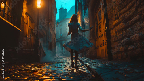 A girl in a retro handkerchief twirls under a streetlamp's glow in a cobblestone alleyway.
