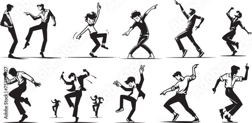 boy dancing bending rhythmically to music  funny cartoon simple character  black vector graphic