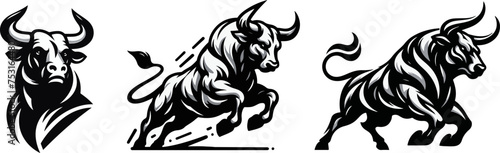 bulls, head and running bull with great dynamism and strength, black vector graphic