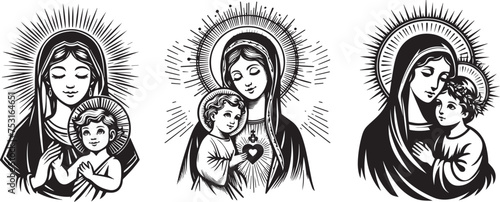 virgin mary cradling infant jesus, embodiment of divine motherhood, black vector graphic photo