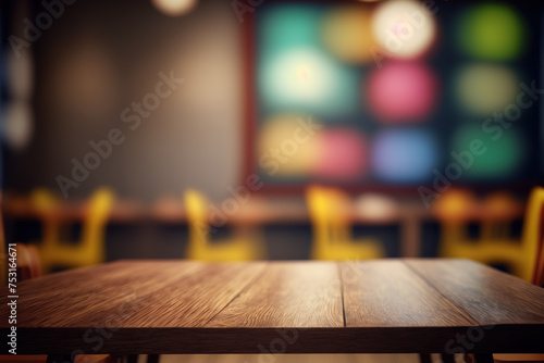 Rustic wooden table in a classroom setting, perfect for displaying educational products or designs. Table-top view on blurred background with empty tables and atmospheric light. Flawless generative ai