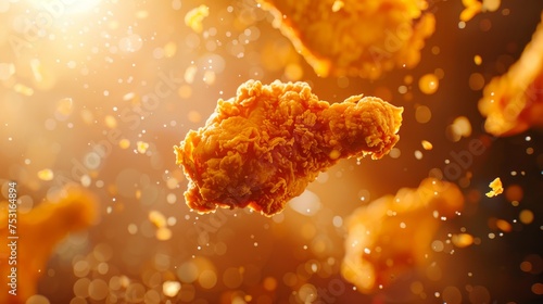 crispy and Fried chicken piece flying on white background