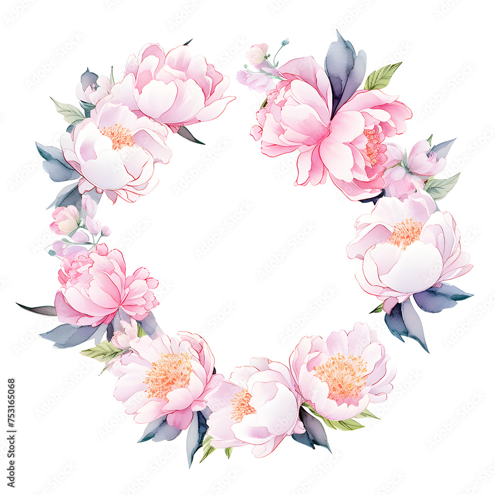 Pink flowers and green leaves in a bouquet on white background