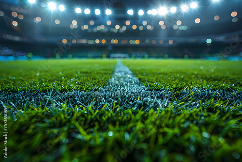 Close-up photo of grass at football stadium. The photo shows the markings and the stands are visible in the background.