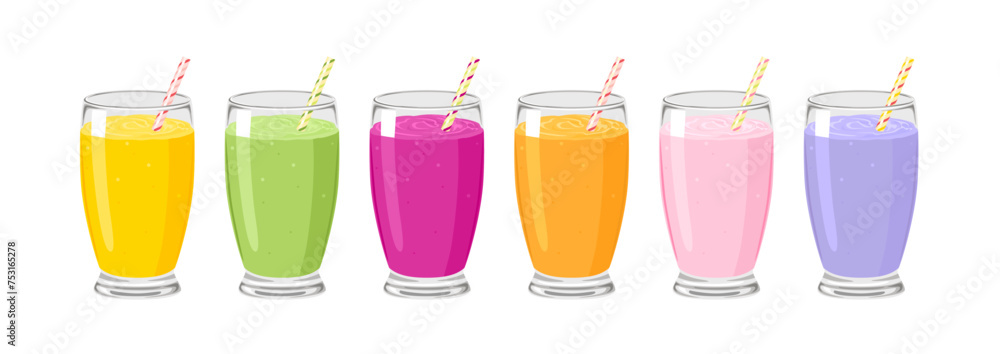 Set of different smoothies in glass isolated on white background. Vector cartoon illustration of healthy drinks. Set of different smoothies in glass isolated on white background. Vector cartoon illustration of healthy drinks.