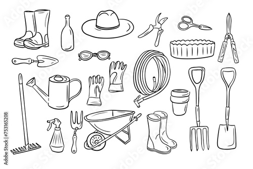 Set of hand drawn doodles of items for gardening. Vector outline garden tools on white background. Various equipment and facilities for gardening, farming. Ideal for coloring pages, tattoo, pattern