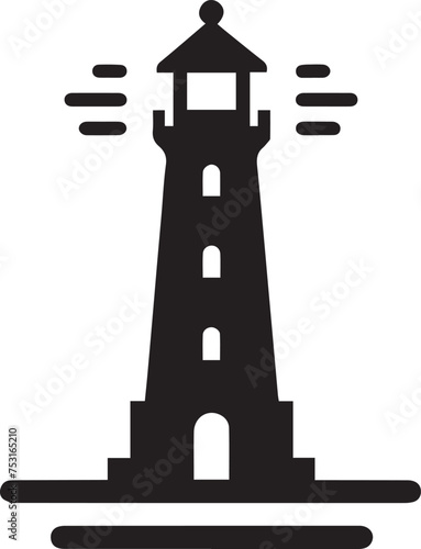 lighthouse isolated on a white background in the distance with rays coming from the beacon