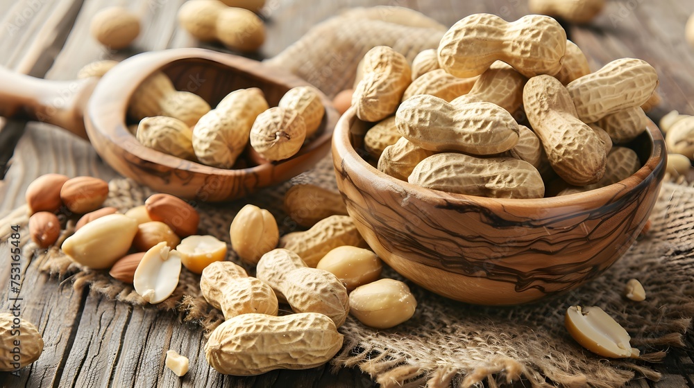 peanuts on a bowl over wooden table peanuts on a bowl over wooden table