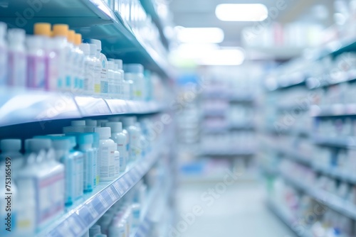 Blurred image of shelves in a pharmacy with selective focus on medicines. Pharmacological business, health, medicine and healing concept