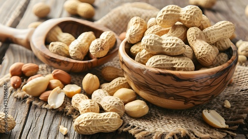 peanuts on a bowl over wooden table photo