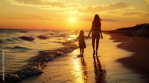 mother and her daughter enjoying a leisurely walk along the beach during a beautiful sunset © EnioRBC