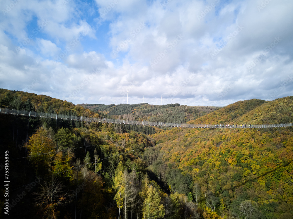 Hangeseilbrucke Geierlay . Gernamy . Drone. Autumn Hangeseilbrucke Geierlay . Gernamy . Drone. Autumn
