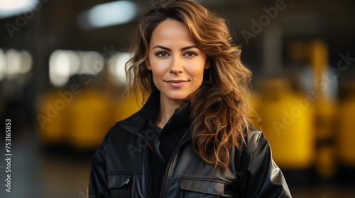 Portrait of woman engineer at building site looking at camera with copy space. Construction manager standing in yellow safety vest and blue hardhat. Successful confident architect