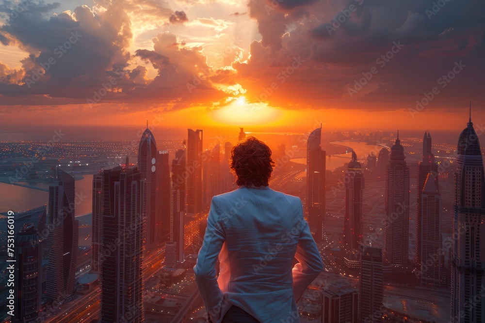 Fototapeta premium Guy in white suit looking at glowing sunset over the skylineLuxury travel inspiration