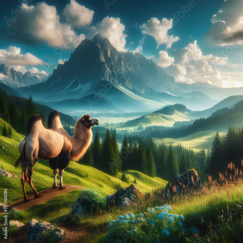 landscape with mountains camel, animal, desert, landscape, nature, Ai generated 