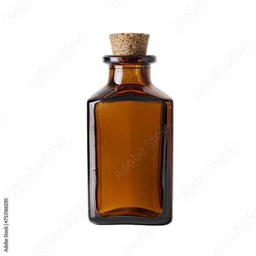 A flat bottom rectangular stylish amber bottle with a wooden stopper on an isolated background