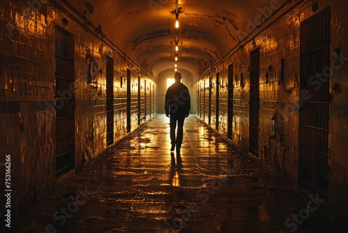 A somber mood is evoked as a man walks away down a dark, wet prison corridor, reflective of hopelessness photo